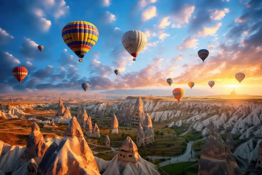 Kapadokya vadileri ve peribacaları üzerinde sıcak hava balonları